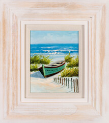 Framed oil painting of a beach scene with a row boat in the sand.