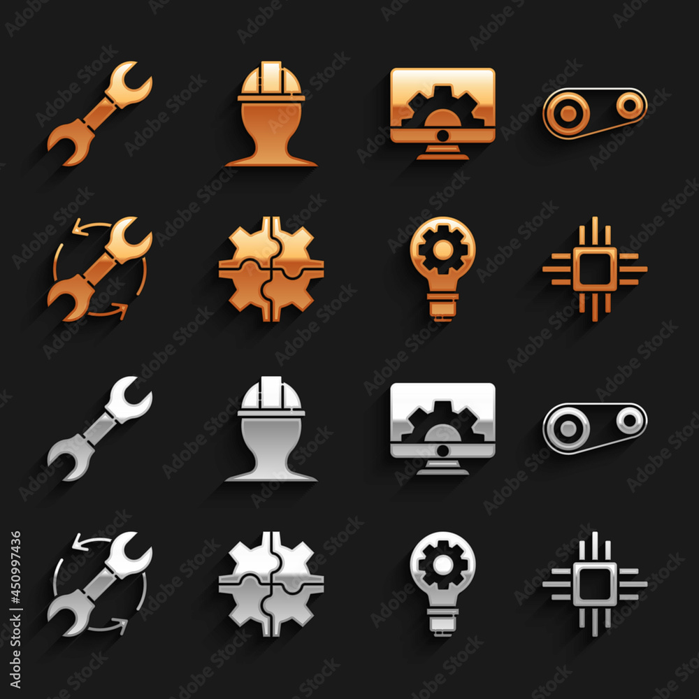 Poster set gear, timing belt kit, processor with microcircuits cpu, light bulb and gear, wrench arrows as w