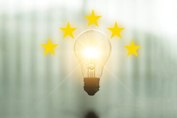 Glowing light bulb and icon five star in concept of good idea and the best of idea 