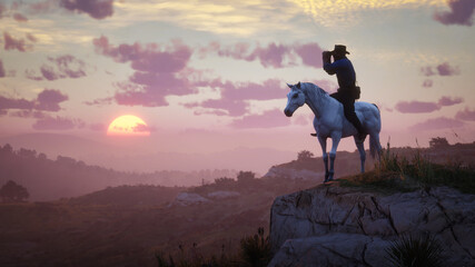 Silhouette of a person on a mountain. Outlaw on a horse. looking through binoculars.