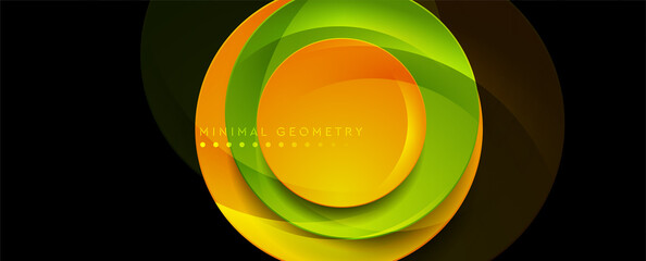 Green and orange shiny glossy circles abstract geometry background. Technology vector banner design