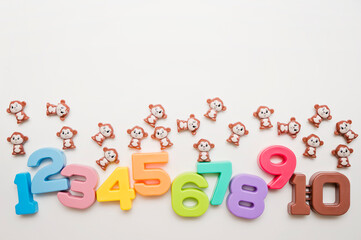 Kids colored number and monkeys. School mathematical Symbols. Early education, counting game. Preschool exercise for kids. Sequence from 1 to 10.