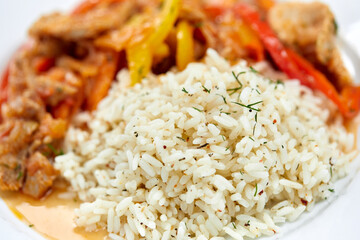meat with rice and vegetables