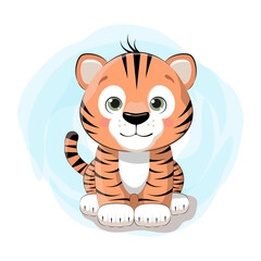 Cute baby tiger sits on a background of pastel sky. Animal stickers. Vector EPS 10