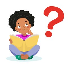 Little african american girl with book on the background of a question mark mark. Funny cartoon character. Vector illustration. Isolated on white background