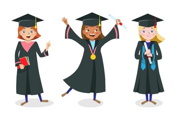 University students graduation. Facial young woman expression vector illustration set bundle. Girl Avatar. Vector illustration of a flat design