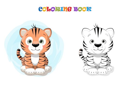 Cartoon cute baby Tiger. Coloring page and colorful clipart. Cute design  for t-shirt print, icon, logo, label, patch or sticker. Vector  illustration. Vector EPS 10 Stock Vector | Adobe Stock