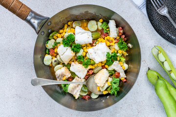 Cod, sweetcorn and broad beans succotash