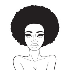 Beautiful african american woman face with afro hair line art isolated on white background. Fashion and natural beauty black african girl