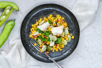 Cod, sweetcorn and broad beans succotash
