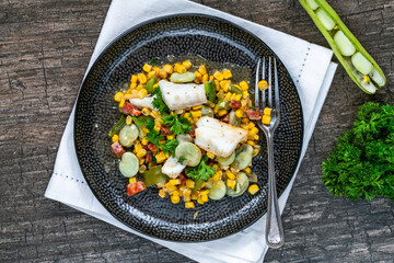 Cod, sweetcorn and broad beans succotash