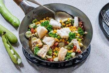 Cod, sweetcorn and broad beans succotash