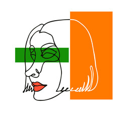 Woman's face  in one line, orange lips, short bob haircut. Bright geometric accents on the eyes and hair, cubism. Design for covers, packaging, feminine care products. Vector on white.