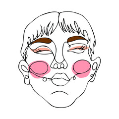 A woman's face in one line with colored elements on the cheeks, eyelids. Beautiful girl with short hair on a white background. Minimalistic design for beauty salons, packaging, stickers. Vector