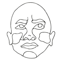 Bold male, face in one line, oval head, eyes looking up. Black unbroken line on a white background, lineart. Design for barbershops, logo, sticker, men's care products. Vector