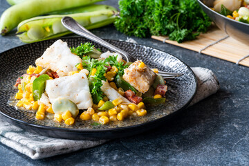 Cod, sweetcorn and broad beans succotash