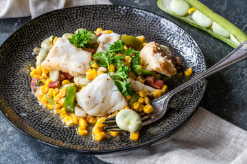 Cod, sweetcorn and broad beans succotash