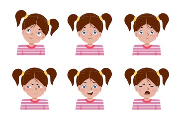 Set of children's emotions. Facial kid child expression vector illustration set bundle. Girl Avatar. Vector illustration of a flat design
