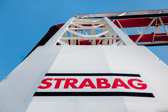 ALTSTETTEN-ZH, SWITZERLAND - FEBRUARY 20, 2020: Strabag is an Austrian construction company. On the photo the sign on the construction site in Altstetten-Zh.