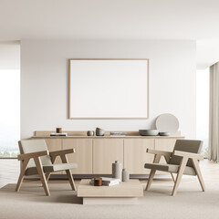Banner in the light beige seating area with partition wall and armchairs