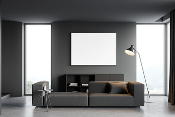 Living room interior with empty white poster on the wall
