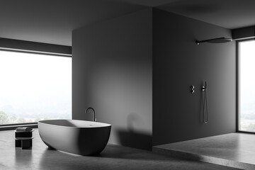Fototapeta na wymiar Spacious grey shower cabin with panoramic windows and a bathtub. Corner view.