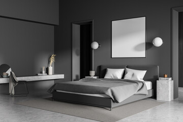 Banner in the panoramic dark grey bedroom with doorway