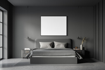 Dark bedroom interior with empty white poster and grey bed