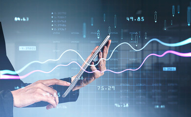 Various financial charts showing increase of price in stock market, digitalization and internet trading concept, business woman hands touching the screen of tablet device. Digital interface. Forex