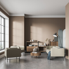 Light brown and beige living room with slim furniture details