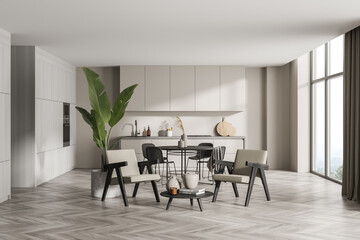 Beige kitchen with two seats and panoramic view