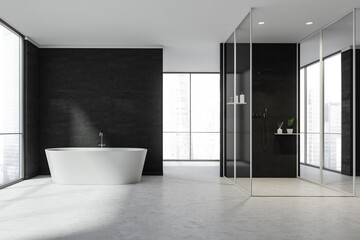 Fototapeta na wymiar White panoramic bathroom space with shower, black partition walls