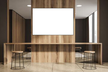 Dark bedroom interior with empty white poster, mirror and barstool