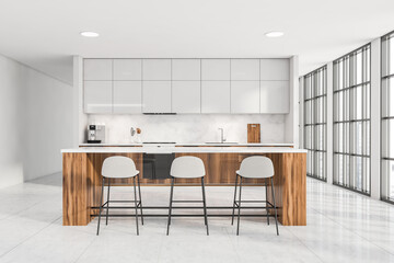 Bright kitchen room interior with table and three bar stool