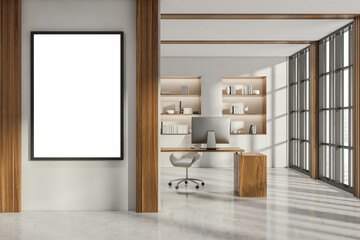 Office room interior with white empty poster and panoramic window