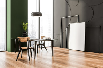 Living room interior with panoramic window and empty poster