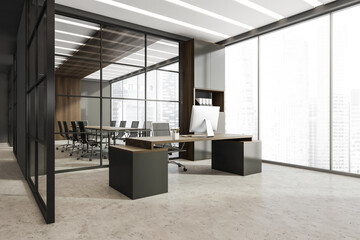 Naklejka na ściany i meble Grey furniture in panoramic CEO office with conference room background