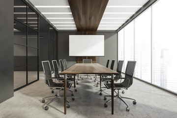 Grey panoramic conference room with horizontal white board