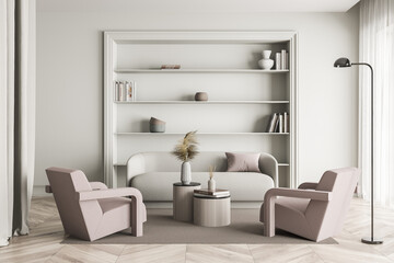Living room interior with comfortable sofa and two pink armchair