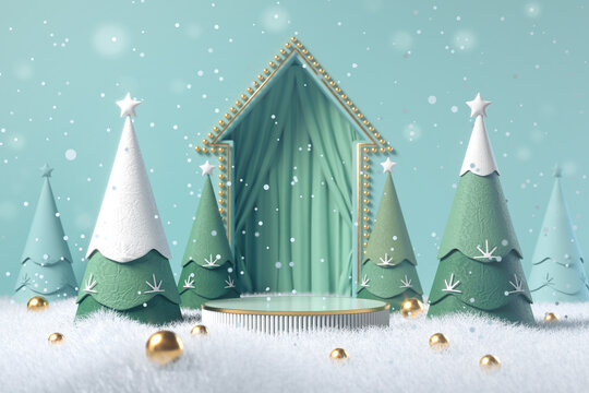 Winter Christmas background with Christmas tree and Stand, podium, pedestal for product presentation