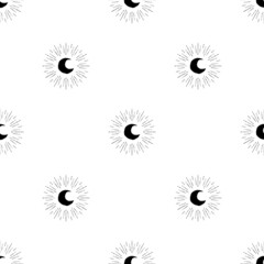 Seamless pattern with black half moon, crescents and stars on white background.