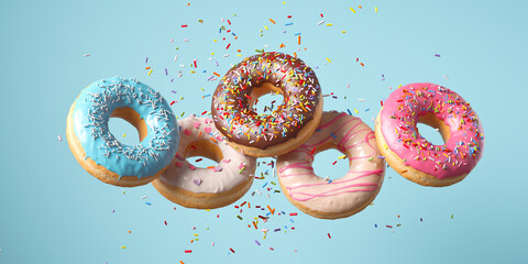Flying Frosted sprinkled donuts. Set of multicolored doughnuts with sprinkles isolate on color background. 3d rendering. - obrazy, fototapety, plakaty