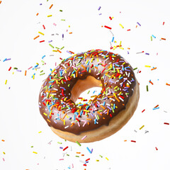Flying Frosted sprinkled Chocolate donut or doughnut isolate on white background. 3d rendering. - obrazy, fototapety, plakaty