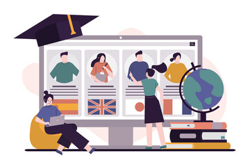 Student chooses teacher for classes. Profiles of different tutors on computer screen. Girl chooses tutor and language to study