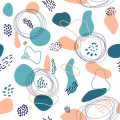 Seamless abstract doodle pattern of spots and lines. Suitable for a background on a website, wallpaper, banner, fabric or wrapping paper. Vector background