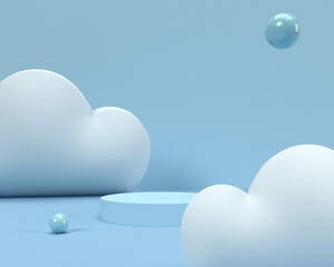 Blue podium with cloud on blue background. Product display stand. Insert your product. kids product presentation. 3d rendering.