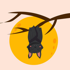 The bat is sleeping on the tree. A bat weighs with closed eyes upside down on a tree branch.Amusing, cheerful, benevolent bat. Cheerful bat. For halloween.
