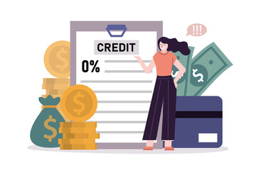 Business woman offers money at interest. Good interest rate percentage. Loan lending or disbursement and personal loans. Bank credit and finance management