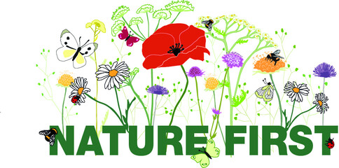 Graphic illustration showing the slogan Nature first. - obrazy, fototapety, plakaty