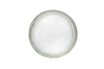Round empty glass jar. Glass jar for spices. View from above.